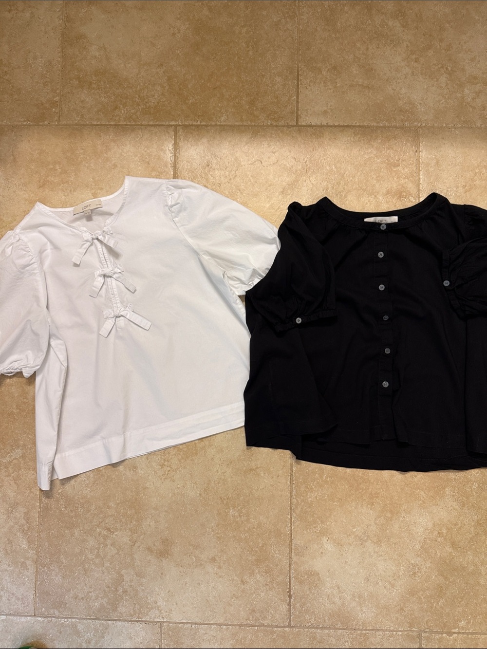 Bundle of  2 LOFT White Bow-Front Blouse & Black Button Top
